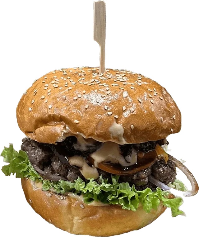 Burger szezámos buciban, két húspogácsával és salátával